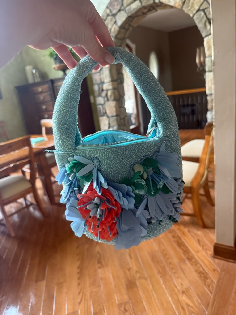 & Other Stories Aqua Mini Tote with Blue and Coral Floral Appliqués